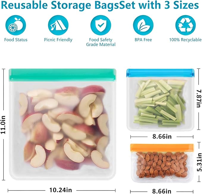 10 Pack Reusable Snack Bags, Extra Thick BPA Free, Dishwasher & Freezer Safe Food Storage Bags for Lunch, Snacks & Home Organization (Multicolor, 10 Pack-3 Gallon 4 Sandwich 3 Snack)