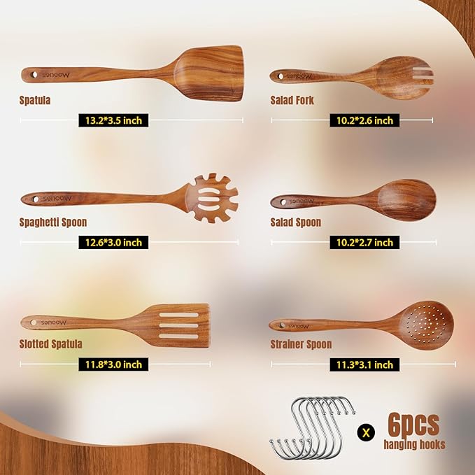 Wooden Spoons for Cooking, 6PCS Teak Wood Cookware Utensil Set with Hooks - Smooth Finish, Non-Stick, Comfortable Grip, Heat Resistant Kitchen Utensils