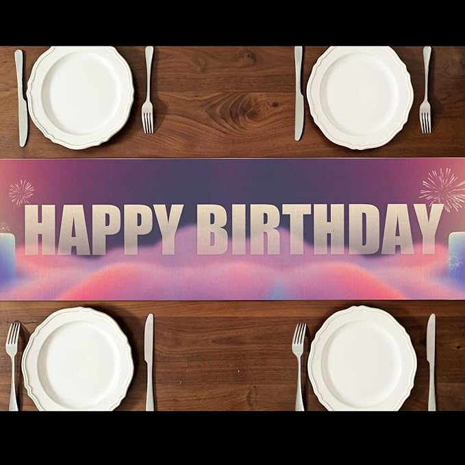 Happy Birthday Table Runner 13x72 Inch Birthday Cake Fireworks Clouds Farmhouse Polyester Linen Table Decoration for Kitchen Dinning, Indoor Outdoor Home Dinner Party (Pink)