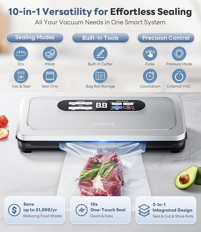 Vacuum Sealer Machine with AirLock ProSeal System, 10-in-1 Vacuum Sealer for Food, Dry & Moist Modes, Compact Design with Digital Timer, Built-in Cutter & Roll Storage, Silvery-White