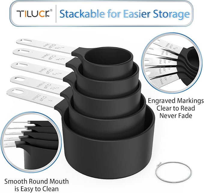 TILUCK Measuring Cups & Spoons Set, Stackable Cups and Spoons, Nesting Measure Cups with Stainless Steel Handle, Kitchen Gadgets for Cooking & Baking (Black)