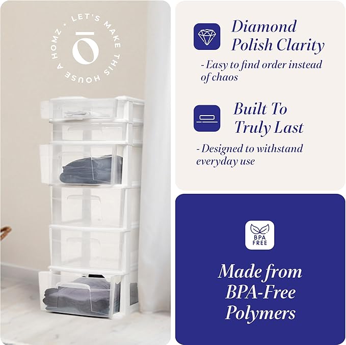 HOMZ Drawer Tower, 6-Tier Clear Plastic Storage Organizer Cart, White Frame - Heavy-Duty Organizing Drawers for Home, Bedroom, and Closet Organization
