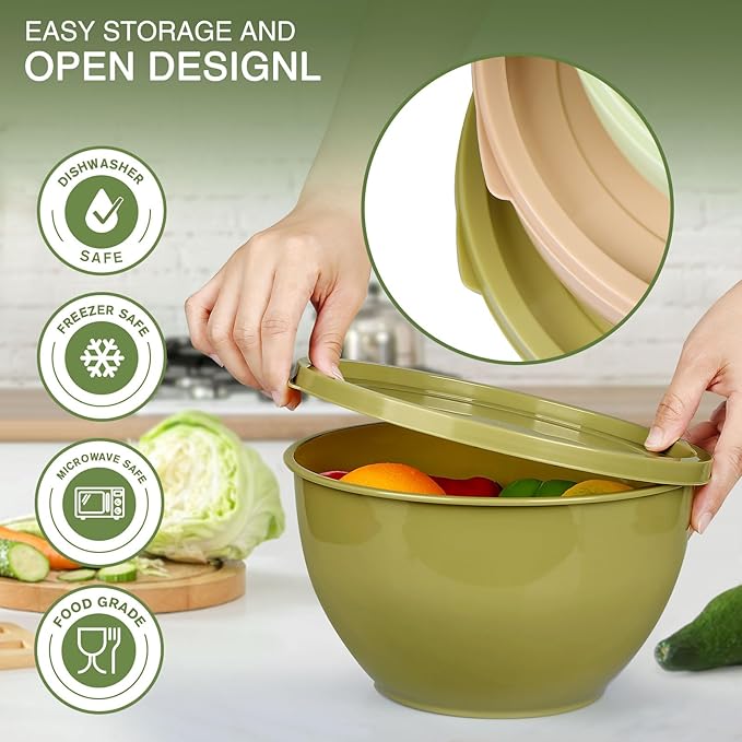 Greentainer Plastic Mixing Bowls with Lids Set for Kitchen, 5 Set Nesting Bowls for Mixing, Baking, Prepping, Cooking and Serving Food, Mixing Bowls Dishwasher, Microwave Safe