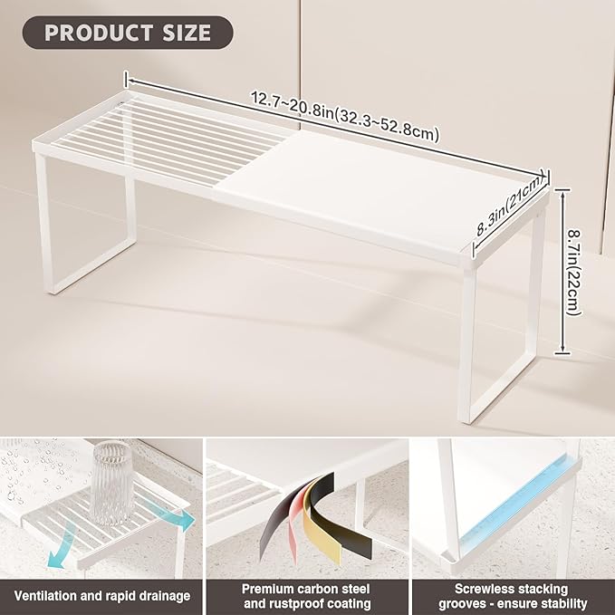 Magheo Expandable Cabinet Shelf Organizer, 1 Pack Stackable Kitchen Counter Shelf Riser, Metal Spice Rack Adjustable Heavy Duty Countertop Organizer Storage for Kitchen, Pantry, Cupboard, Rv (White)