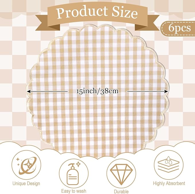 Set of 6 Round Placemats 15 Inch Cotton Scalloped Embroidery Placemat Washable Double Layered Rustic Dinner Table Mat Decor Fabric for Hotel Restaurant Kitchen(Khaki,Plaid)