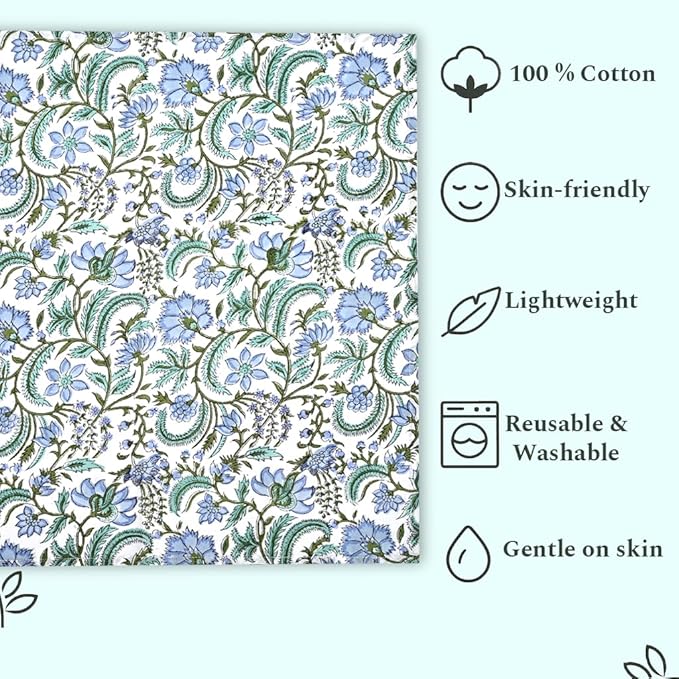 Ridhi Columbia Blue Hand Block Print 100% Cotton Napkins 18" x 18" (Set of 4) Reuseable Kitchen Napkins Cloth Decor Dinner Party Wedding Cocktail Gift for Spring, Easter, Valentine