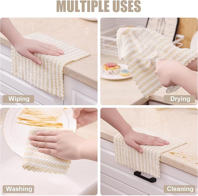 Homaxy 18 Pack Kitchen Dish Cloths, Ultra Soft and Absorbent Dish Towels, Reusable Fast Drying Microfiber Cleaning Cloth, Coral Velvet Wave Design No-lint,10 x 10 inches, Beige