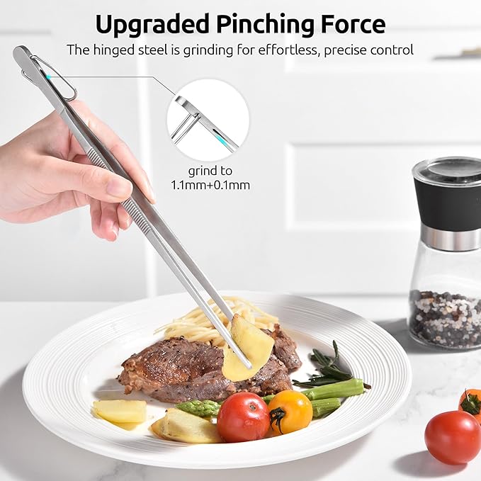 U-Taste 10in Kitchen Cooking Tweezer: 18/8 Stainless Steel Food-Grade Metal Food Tong, Seamless-Welding, Sturdy, Flexible and Non-Slip for Pasta Salad Serving, Grilling, Frying, Baking (Pointed Tip)