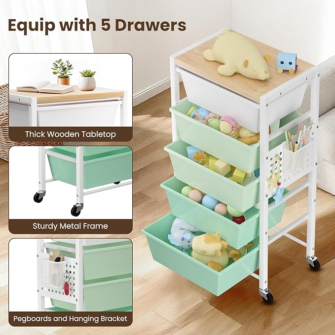 Rolling Cart with 5 Drawers, Plastic Drawer Storage Carts with Wheels & Wooden Tabletop, Metal Utility Cart with Pegboards, Office Living Room Classroom Craft Organization and Storage, Bright Green