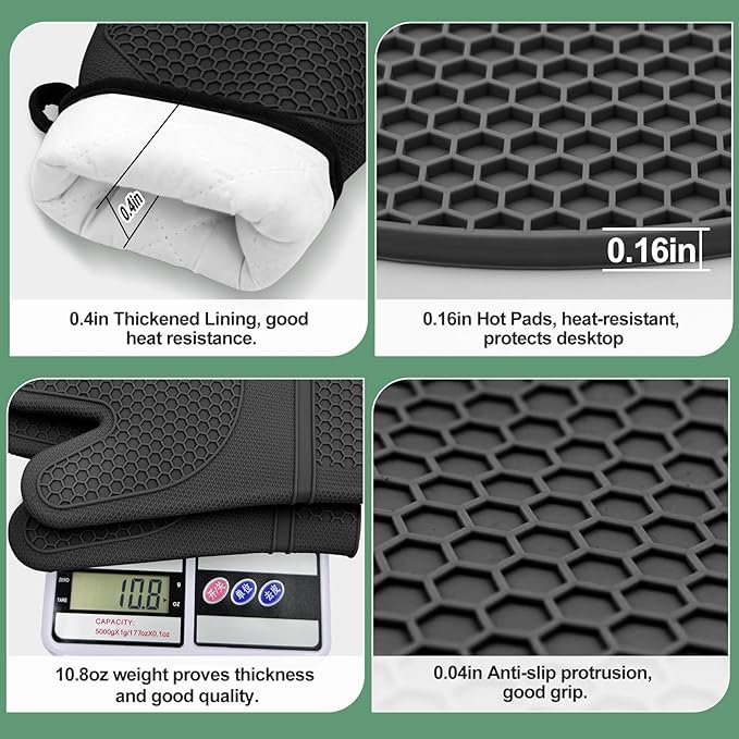 3PCS Silicone Oven Mitts and Pot Holders Sets for Kitchen, Oven Gloves Heat Resistant 500°F, Non-Slip Silicone Potholder 7.1”, Thick Oven Mitts & Thick Hot Pads Protection for Cooking, Black