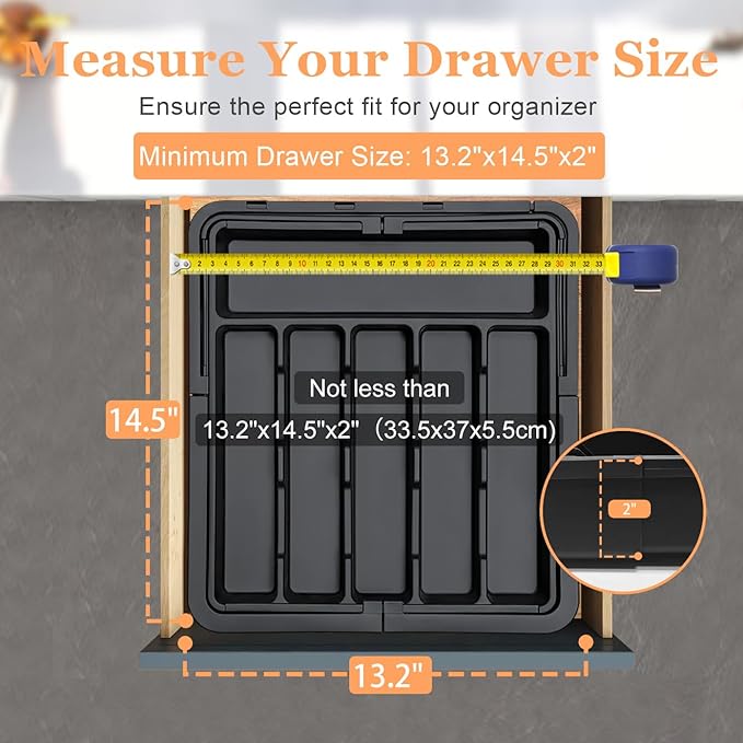 Spaclear Silverware Organizer Expandable Kitchen Utensil Drawer Organizer Large BPA Free Adjustable Cutlery Silverware Tray for Spoons Forks Knives Storage Divider for Kitchen Flatware 6-9 Slots Black