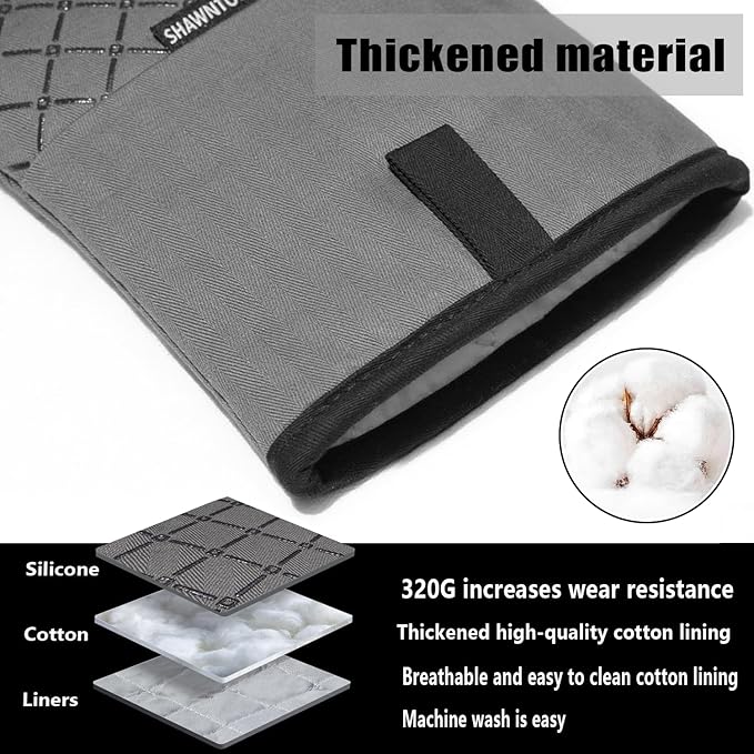 Oven Mitts and Pot Holders Sets 6pcs, Kitchen Oven Glove,High Heat Resistant 550 Degree Extra Long Oven Mitts and Potholders with Non-Slip Silicone Surface for Home Essentials (Grey) (Gray 2)