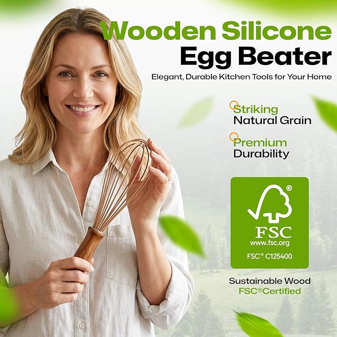 AIUHI Silicone Whisk with Wood Handle, 11.2" Balloon Egg Beater, Lightweight Kitchen Whisk for Blending Batter, Cream & Sauces