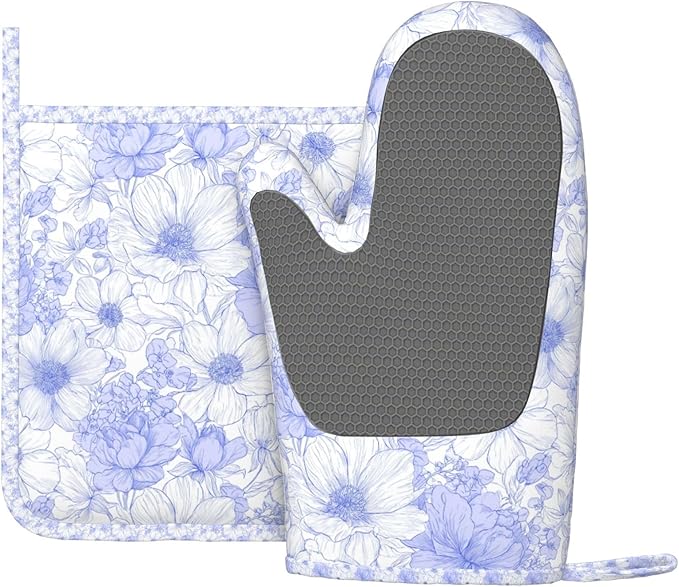 Oven Mitts and Pot Holders Pastel Blue Flower Vintage Silicone Kitchen Accessories Set of 2 Heat Resistant Long Gloves Potholder Non-Slip Grip for Chef Cooking,Baking,Grilling,BBQ