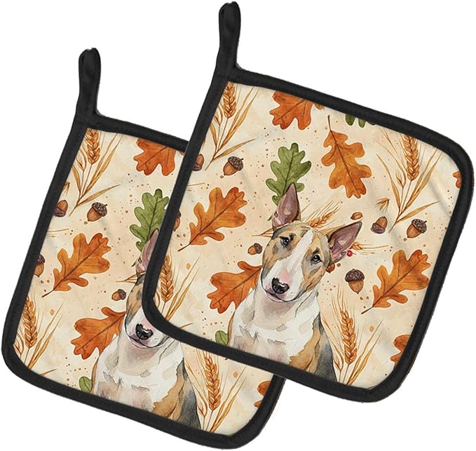 Caroline's Treasures Tricolor Miniature Bull Terrier Heirloom Fall Pair of Pot Holders Pair 7.5x7.5 Quilted Insulated Hot Pads Decorative Kitchen Gift Made in USA