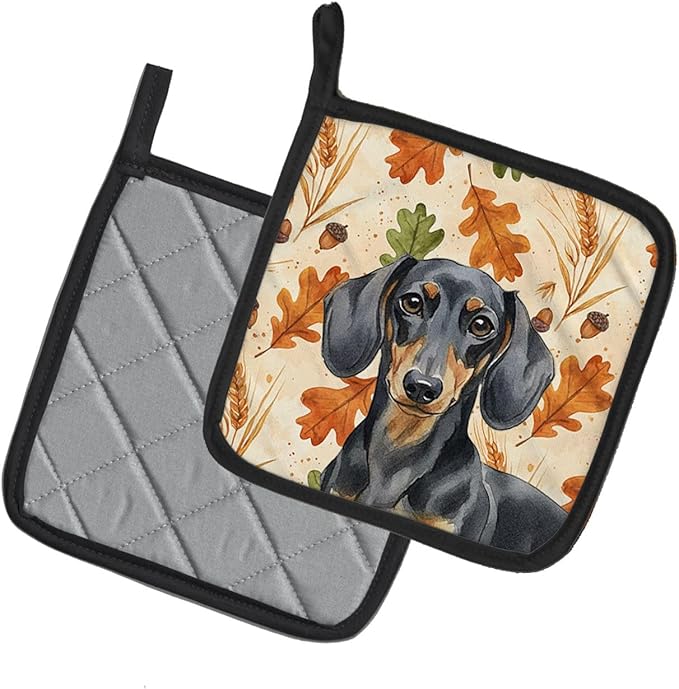 Caroline's Treasures Black and Tan Dachshund Heirloom Fall Pair of Pot Holders Pair 7.5x7.5 Quilted Insulated Hot Pads Decorative Kitchen Gift Made in USA