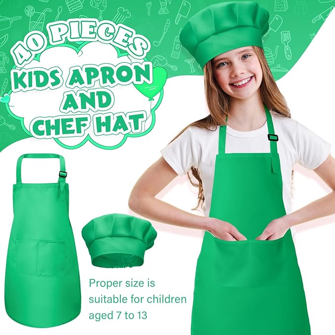 Handepo 40 Pcs Apron Chef Hat Set Aprons Chef 's Bib Apron Hats Bulk for Cooking Painting 7-13 Years