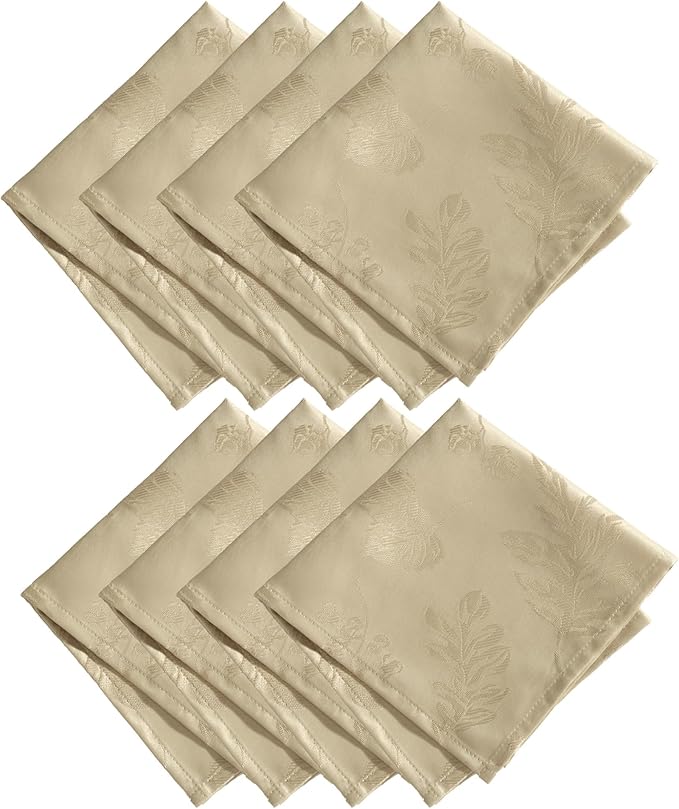 Elrene Home Fashions Elegant Woven Leaves Jacquard Damask Cloth Napkin Set, 17" x 17", Pack of 8, Taupe