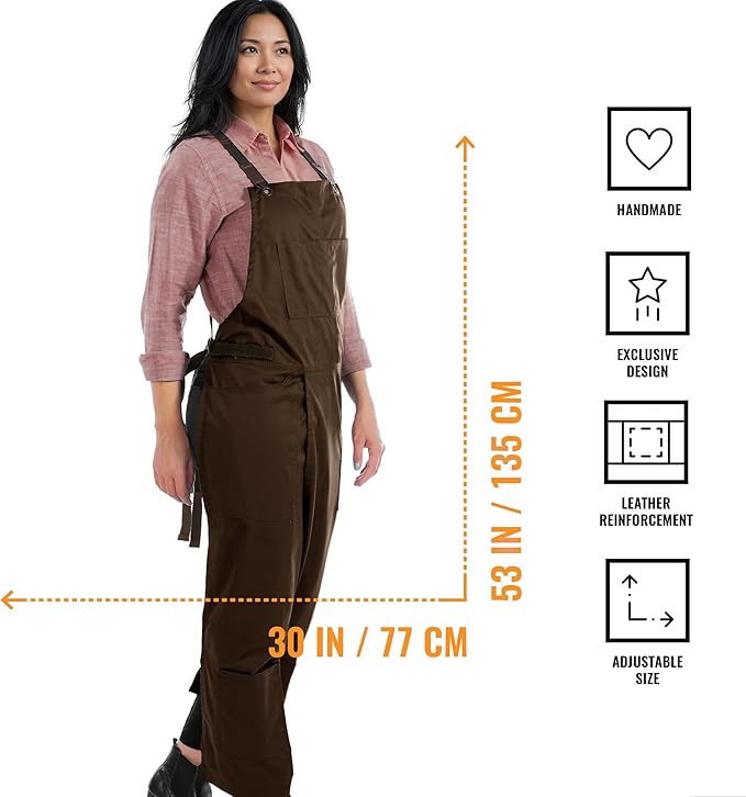 Under NY Sky Pottery Brown Apron - Full Cover Cross-Back, Professional Twill, Leather Reinforcement, Overlapping Split-Leg - Adjustable for Men, Women - Pottery Artist, Ceramics
