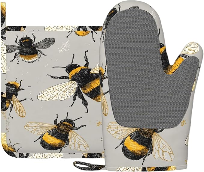 Happy Busy Bees Oven Mitts and Pot Holders Sets Non-Slip Silicone Surface for BBQ Gloves,Kitchen,Cooking,Baking,Grilling