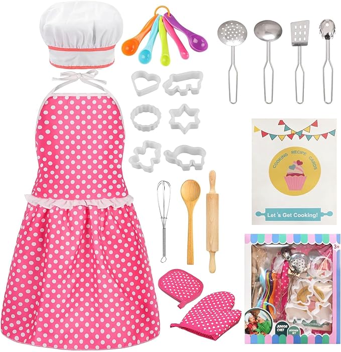 Kids Cooking Baking Set , Kids Kitchen Pretend Play Toys, Children Chef Role Play Costume Set - Chef Hat and Matching Pink Apron, Birthday Xmas Gifts for 3-8 Year Old Girls Toys