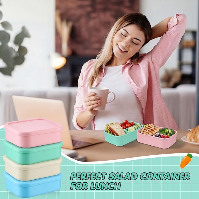 Layhit 4 Pcs Silicone Bento Box for Adults, 27 oz Bento Lunch Container Reusable 3 Compartment Lunchable Food Container for Women Men, Leak Proof Microwave Dishwasher Freezer Safe (Mint Colors)
