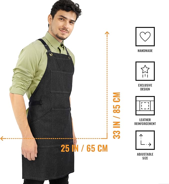 Under NY Sky Essential Black Denim Apron – Cross-Back with Leather Reinforcement – Adjustable for Men and Women – Pro Chef, Tattoo Artist, Baker, Barista, Bartender, Server Aprons