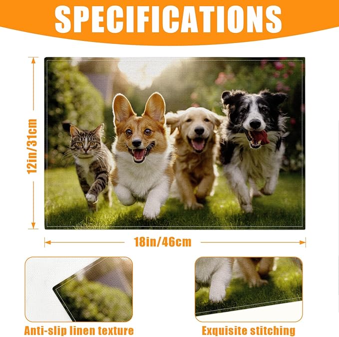 Cute Cat Dog Animal Placemats Set of 6,12 x 18 Inch Table Mats Washable Heat Resistant Linen Fabric Rectangle Place Mat for Party Home Kitchen Dining