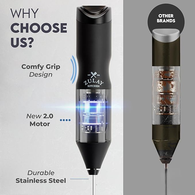 Zulay Kitchen Powerful Frother Wand AA Batteries Included, Ultra Fast Handheld Drink Mixer, Comfort Milk Frother, Stainless Steel Whisker, Frother Handheld for Coffee, Protein & Matcha - Frothmate 2.0