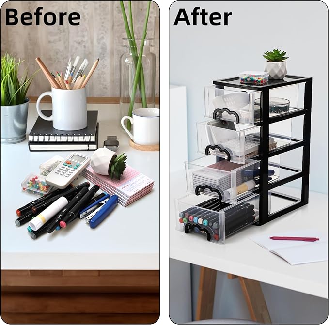 Cididu Desktop Organizer with 4 Drawers, Clear Plastic Storage Drawer Unit, Small Desk Organizer Storage Box, Durable Storage Bin Container Case for Countertop Stationery Pens Makeup Office Supplies