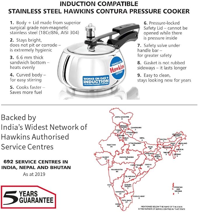 Hawkins Contura Pressure Cooker, Stainless Steel Inner Lid Cooker, Handi Cooker, Induction Cooker, Small Cooker, Silver SSC20 2 Litre