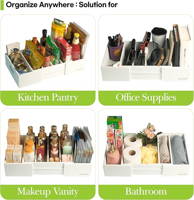 CLEANCLUE Expandable Kitchen Cabinet Organizer for Food Storage Container Lids, Bamboo Drawer Caddy Adjustable Dividers, Box for Kitchen Storage and Organization, Lids Organizer for Cabinet (White)