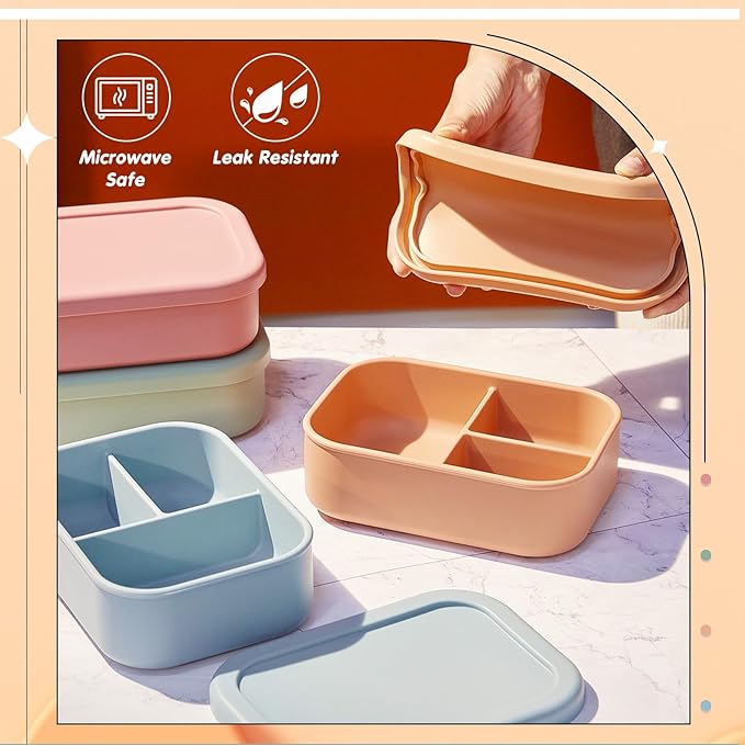 Layhit 2 Pcs Silicone Bento Box for Adults, 27 oz Bento Lunch Container Reusable 3 Compartment Lunchable Food Container for Women Men, Leak Proof Microwave Dishwasher Freezer Safe (Dark Red, Green)