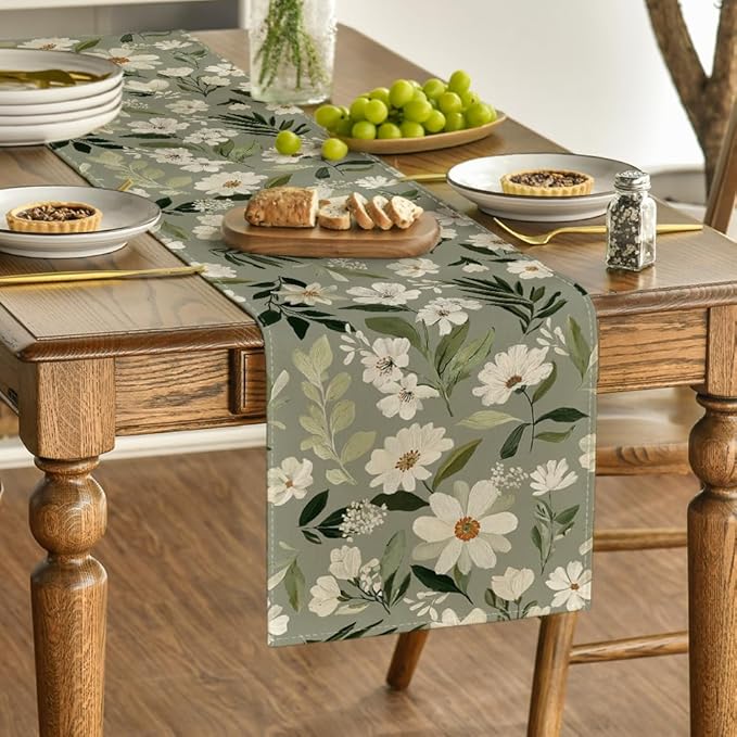 Artoid Mode Olive Green Daisy Flowers 210 GSM Spring Table Runner, Seasonal Summer Kitchen Dining Table Decoration for Home Party Decor 13x60 Inch