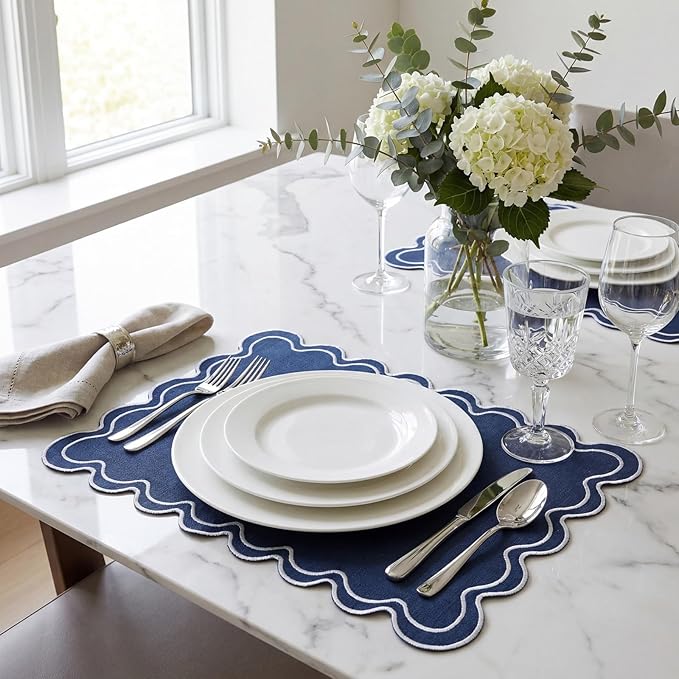 Linen Placemats Set of 12 Scalloped Placemat 13 X19 Wavy Embroidery Double Layered Washable Farmhouse Dinner Fabric Table Mat Napkin for Wedding Party Christmas Hotel Restaurant(Navy Blue)