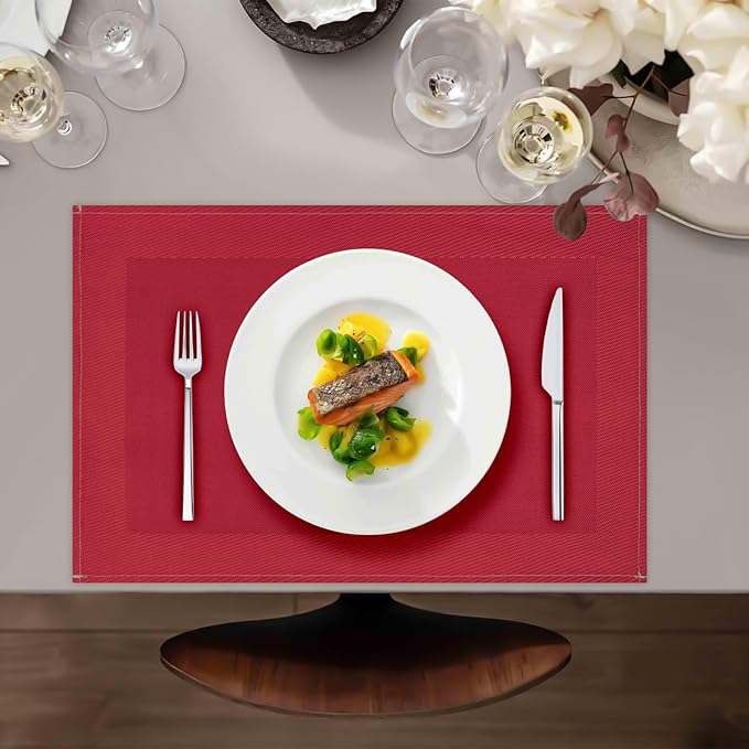 Red Placemats Set of 4, 12x18 Inch Heat-Resistant Washable Easy to Clean Place Mats, Faux Linen Cloth Table Mats Suitable for Indoor/Outdoor Parties & Kitchen Decor (Red)