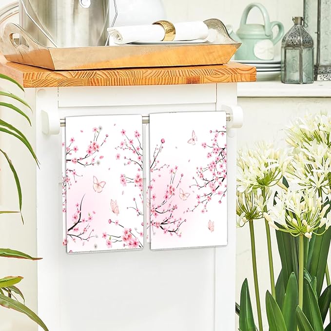 Cherry Blossom Pink Butterfly Kitchen Towel 2 Pcs Decorative Hand Towel Absorbent Dishcloth 16”X 24”