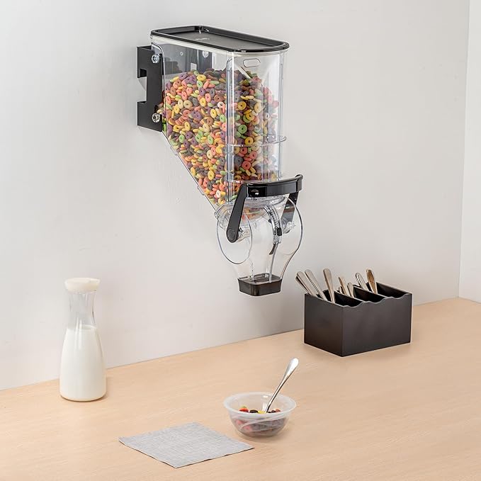 Restaurantware Cereal Dispenser 3.5 gal Plastic Wall-Mounted Gravity Bin Candy Dispenser Self-Serve Black Dry Food with Wall Mount Brackets for Breakfast Buffet or Hotel Use