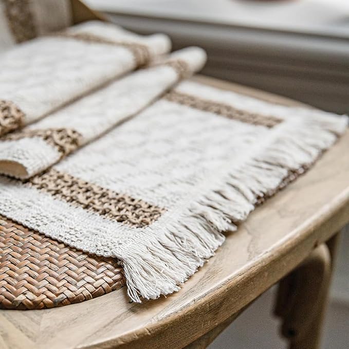 Niviy Boho Placemats Set of 4, 12x18 Inch Natural Cotton Burlap and Kitchen Woven Thanksgiving Placemats with Tassels for Dining Table Centerpiece Home Decorations