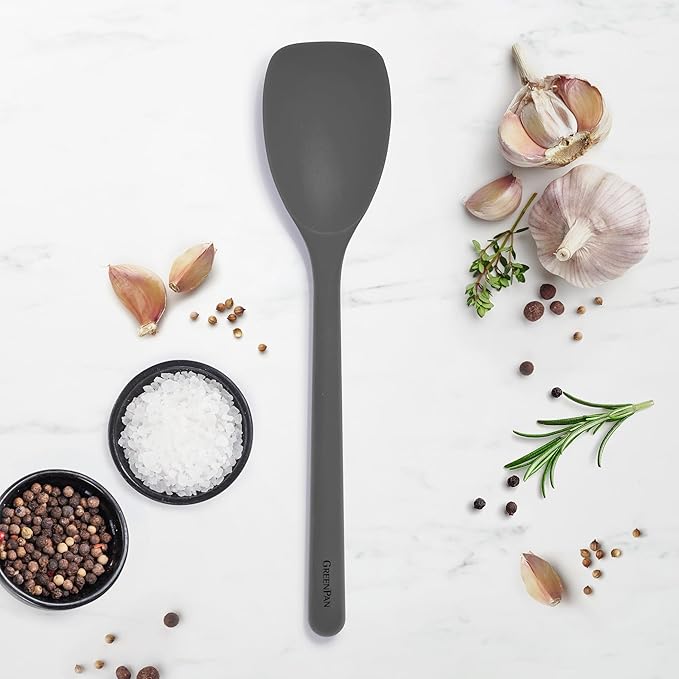 GreenPan Silicone Sauté Spoon, Mixing Stirring Serving, Cooking Kitchen Utensil, Flexible Rubber Nonstick Cookware, Rigid Steel Core, Heat-Resistant, Anti-Slip Handle, BPA-Free, Dishwasher Safe, Gray
