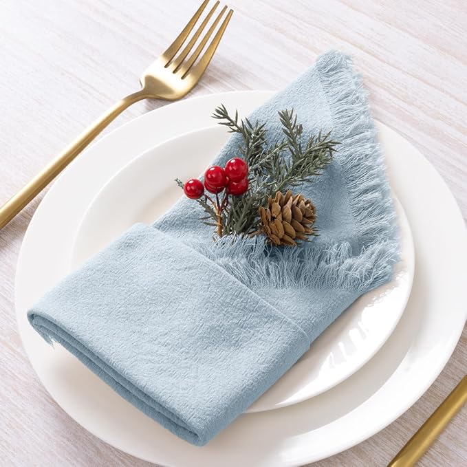 DeZerlor 12 Pack Gray- Blue Cotton Linen Napkins with Fringe Spring Cloth Napkins Set of 12 Boho Handmade Dinner Napkins Bulk for Wedding Bridal Baby Shower Parties, 17 x 17 Inches