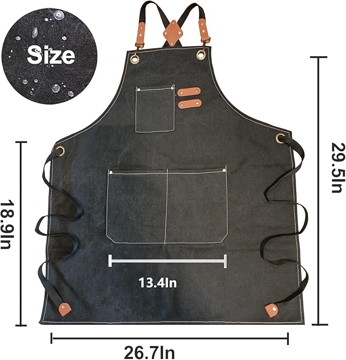 Chef Apron with Large Pockets for Women Men, Cotton Canvas Cross Back Water Repellent Adjustable Work Apron