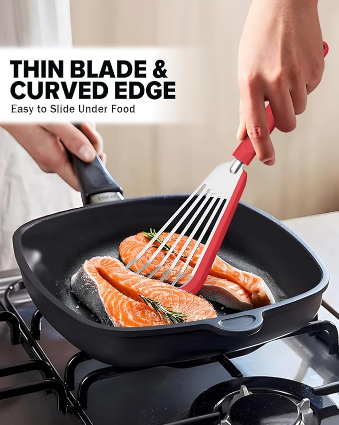 Fish Spatula Turner, Thin Slotted Spatulas for Nonstick Cookware,Silicone Edge Heat Resistant Kitchen Flipper for Fish, Egg, Pancake(Stainless Steel, 2Pack)
