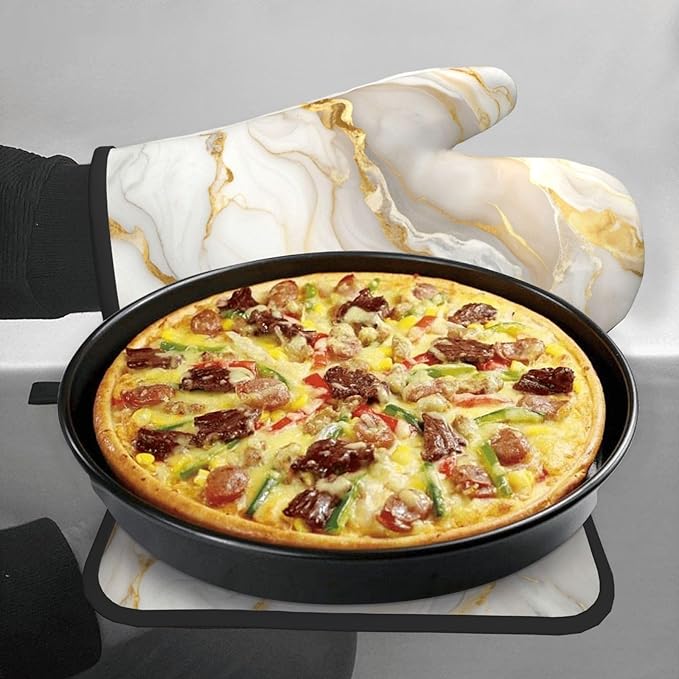 White Gold Marble Oven Mitts and Pot Holders Gold Veins Heat Resistant Oven Mitts Safe for Baking Cooking BBQ