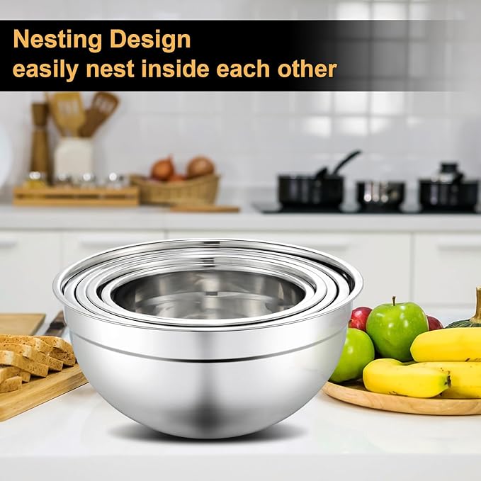 hunnycook 5 Piece Mixing Bowl Set - Mixing Bowls with Lid, Stainless Steel Mixing Bowls for Baking, Size 1.5, 2.1, 3.5, 4, 4.5QT, Baking Bowl for Food Preparation, Mixing and Serving Foods