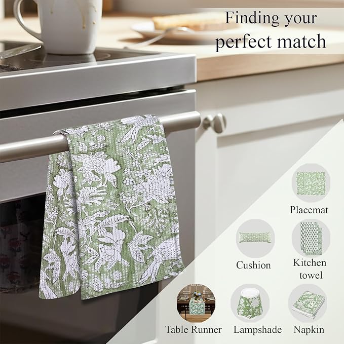 CPC Olive Green Hand Block Printed Cotton Waffle Dish Cloth Set of 6-12x12 Inch Super Absorbent, Soft, Reusable Kitchen Towels for Dish Drying & Cleaning Ideal for Spring, Mother's Day