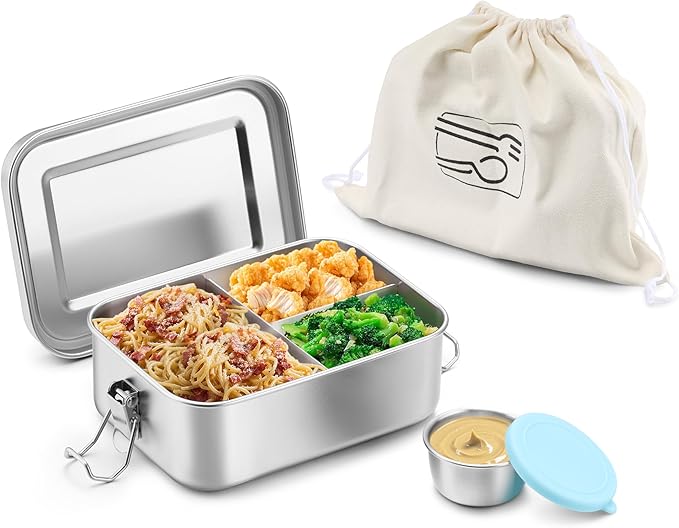 HaWare Lunch Box, 29oz (850ML) Stainless Steel Bento Box with Condiment Container and Carrying Bag, 3 Compartment Food Container for Kids and Adults, Leak-Proof Metal Snack Box, Dishwasher Safe