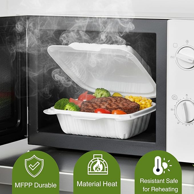 Hinged Take-Out Containers 6″ x 6″(50pack) BPA Free, Clamshell To Go Boxes Recyclable, Microwave & Freezer Safe Food Storage Boxes for Restaurants, Catering - Cake Slice Container - White