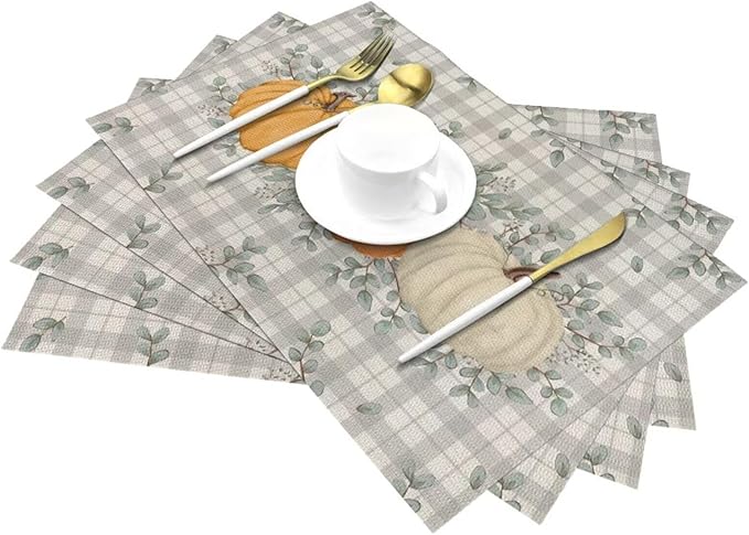 Fall Pumpkin Placemats 12x18 Set of 4, Orange White Pumpkin Buffalo Plaid Table Place Mat Autumn Watercolor Harvest Washable Table Mats Decorative Linen Fabric Table Mat for Dining Table