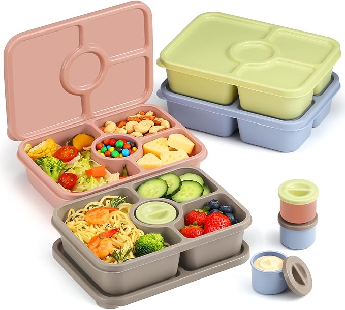 Bento Snack Box Containers, Reusable Meal Prep Lunch Containers for Adults Kids, Stackable Bento Snack Box 4 Pack, Divided Lunchable Food Storage Containers with Sauce Container, Earthy Brown